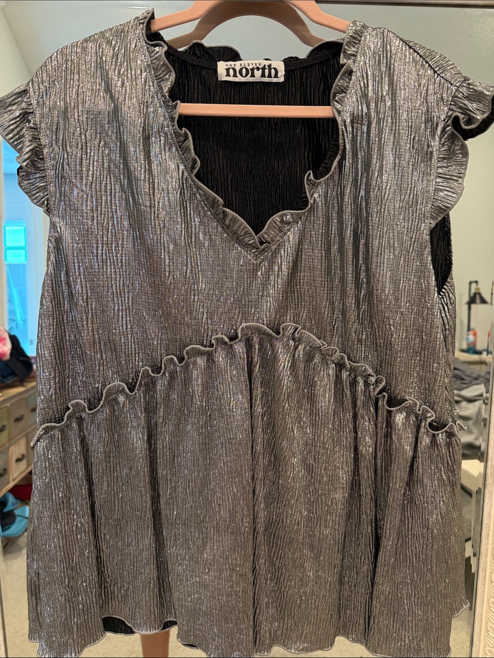 Fun Metallic Silver Ruffle V-Neck Tunic Top